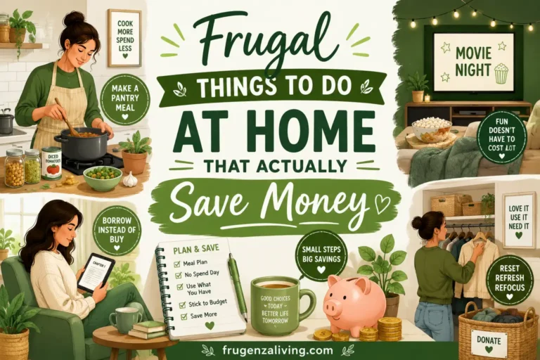 Frugal things to do at home illustration showing pantry cooking, no-spend movie night, closet reset, reading, and simple home money-saving activities