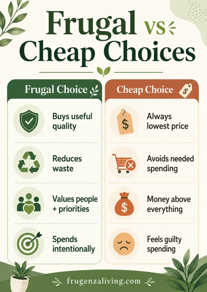 frugal vs cheap choices comparison showing useful quality reduced waste intentional spending and lowest price habits