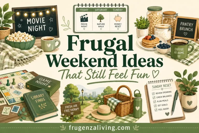 2D illustration of frugal weekend ideas with movie night, pantry brunch, library finds, picnic, Sunday reset, and frugenzaliving.com