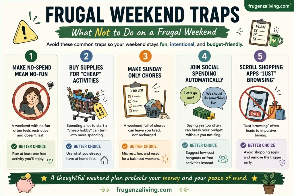 Frugal weekend mistakes infographic showing what not to do on a no-spend weekend and better budget-friendly choices