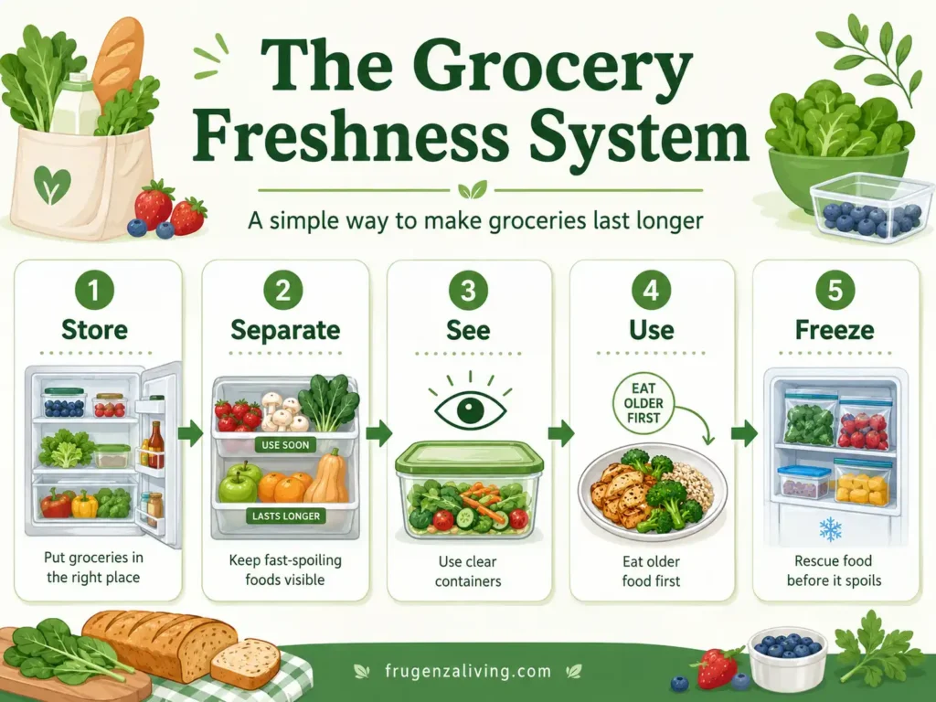Infographic showing the grocery freshness system with store, separate, see, use, and freeze steps to make groceries last longer