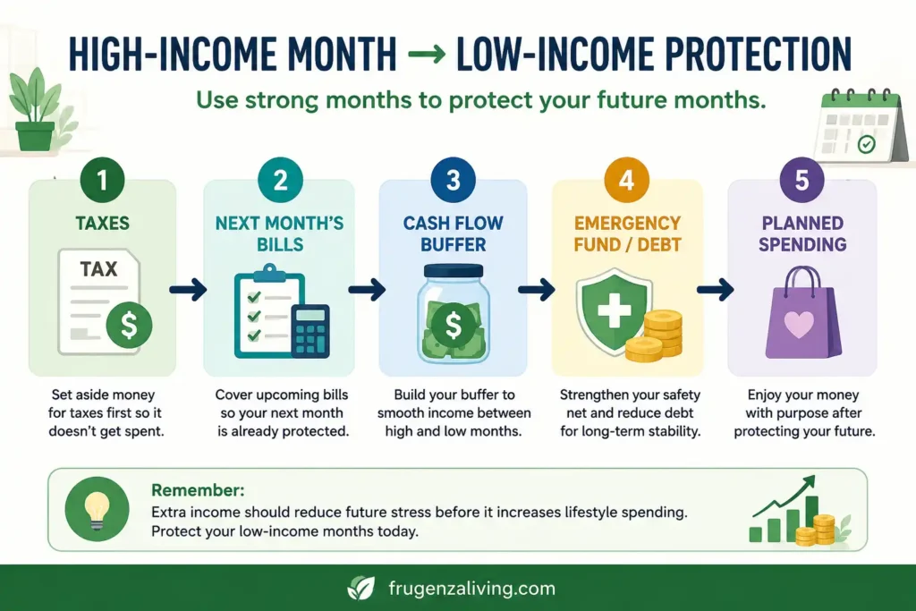 Infographic showing how to use a high-income month to protect low-income months with taxes, bills, cash flow buffer, emergency fund, and planned spending