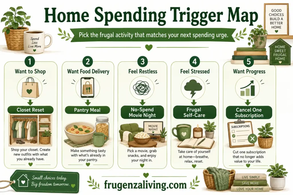 Home spending trigger map infographic showing frugal activities for shopping urges, food delivery, restlessness, stress, and subscription spending