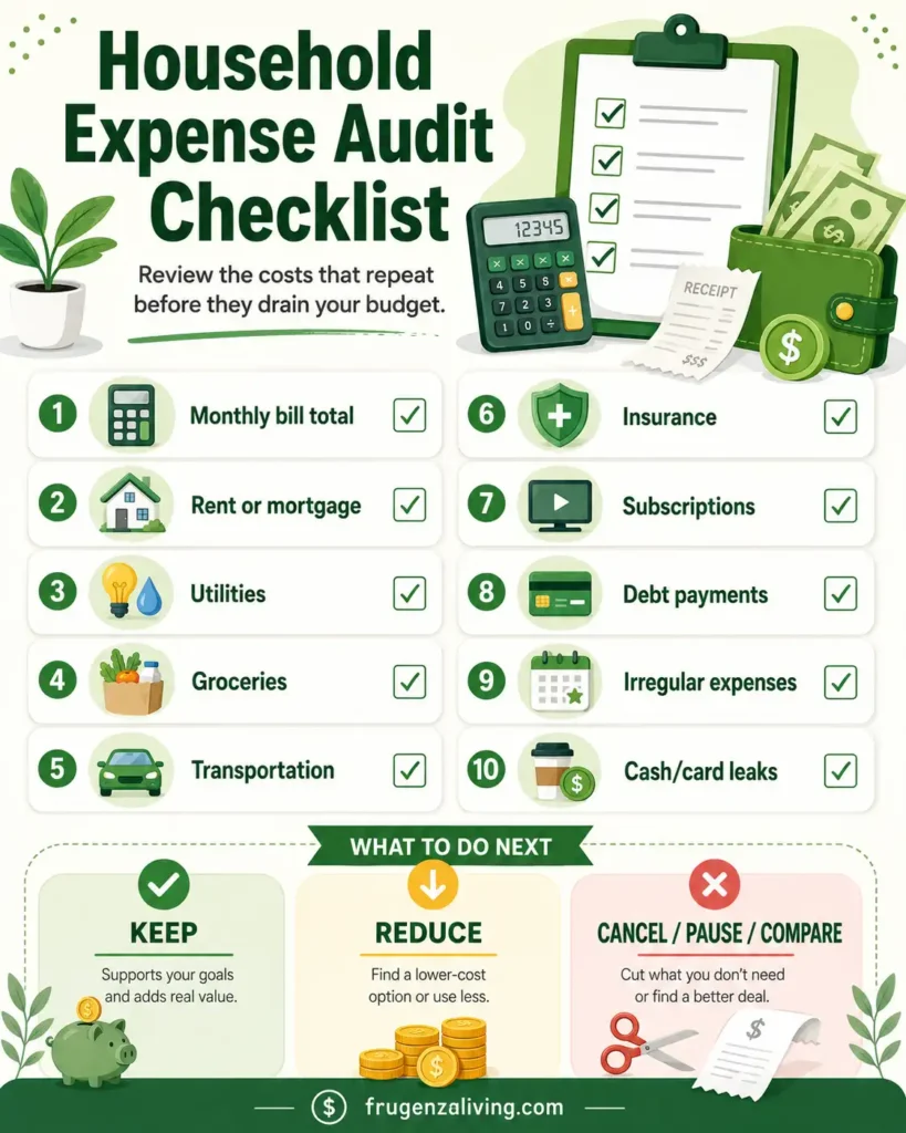 Checklist infographic for a household expense audit with monthly bills, utilities, groceries, transportation, insurance, subscriptions, debt payments, and spending leaks
