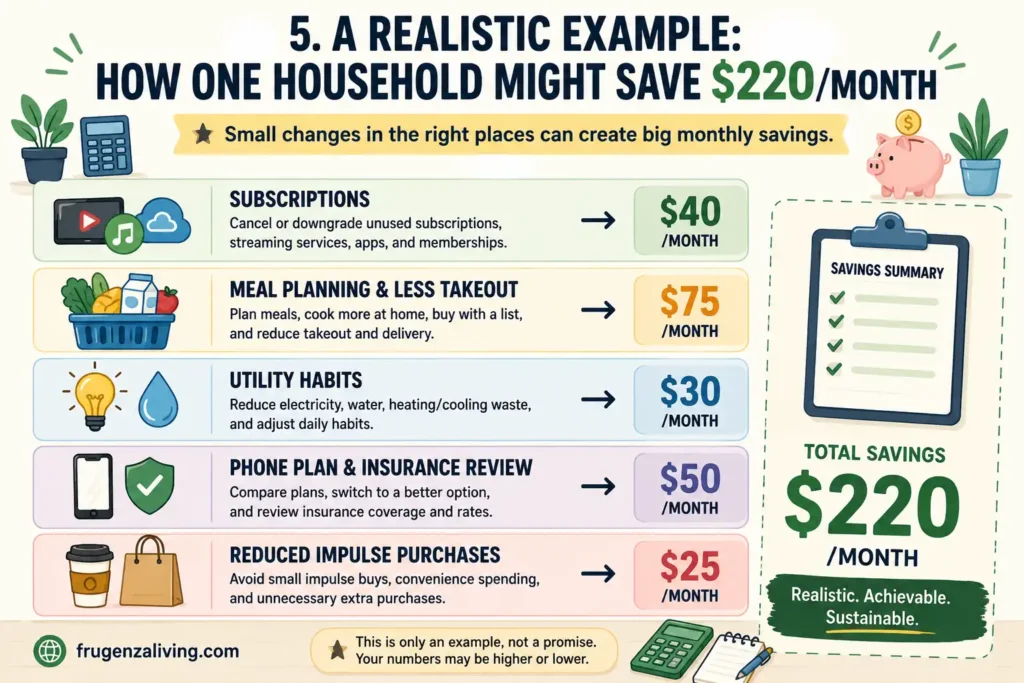 Infographic showing a realistic household expenses savings example with subscriptions, meal planning, utility habits, phone plan review, impulse purchases, and 220 dollars monthly savings