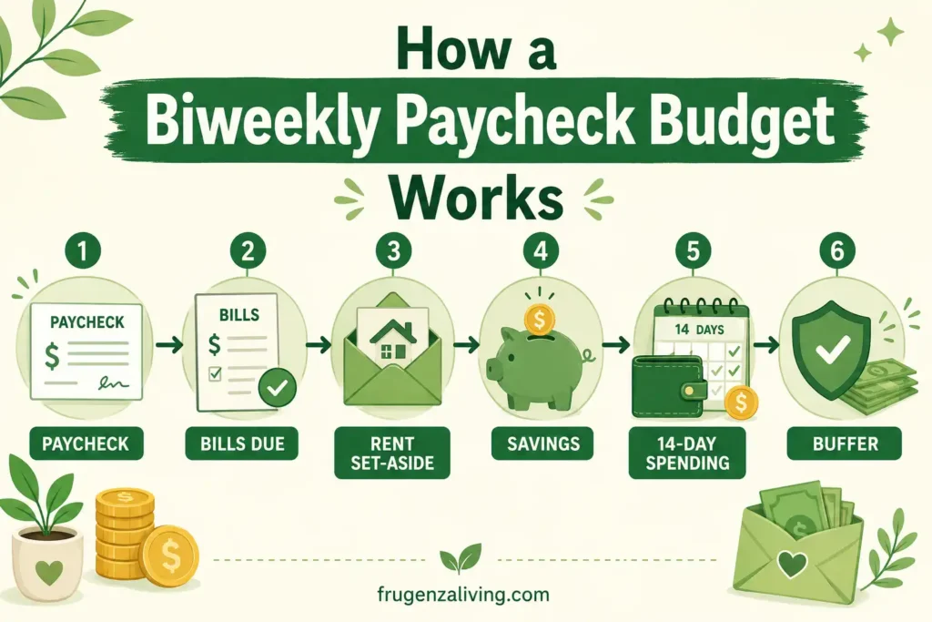 Infographic showing how a biweekly paycheck budget works from paycheck to bills, rent set-aside, savings, spending, and buffer