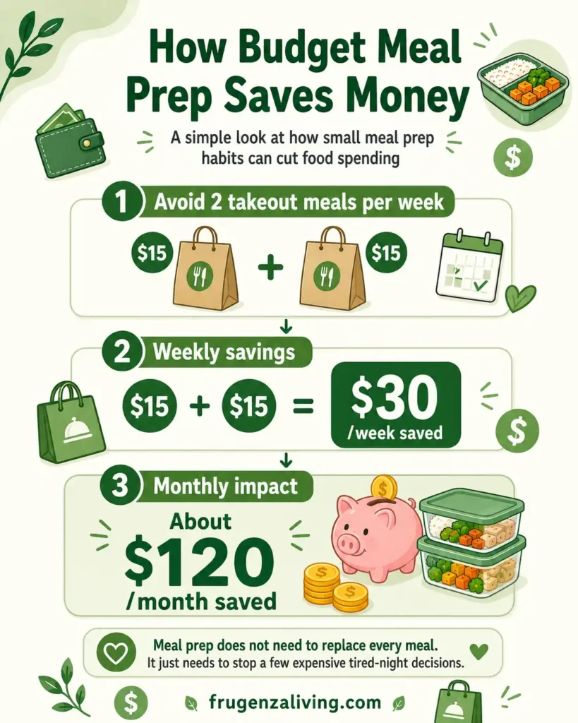 Infographic showing how budget meal prep can save about 120 dollars per month by avoiding two 15 dollar takeout meals each week