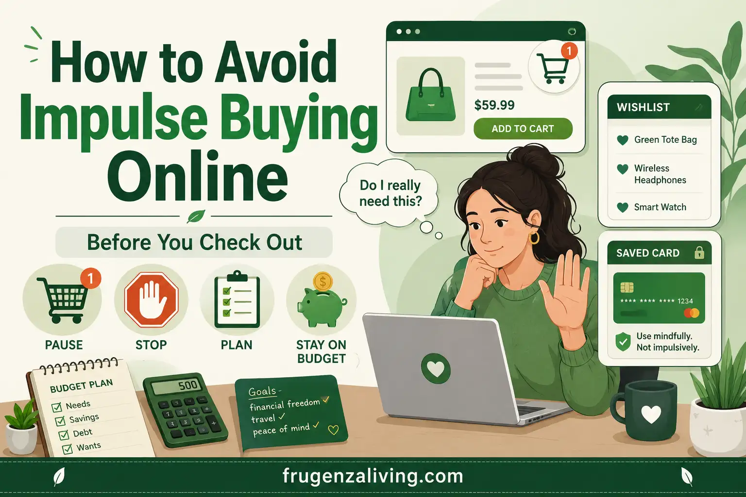 2D illustration of a person pausing before checkout to avoid impulse buying online with a wishlist, saved card, and budgeting cues