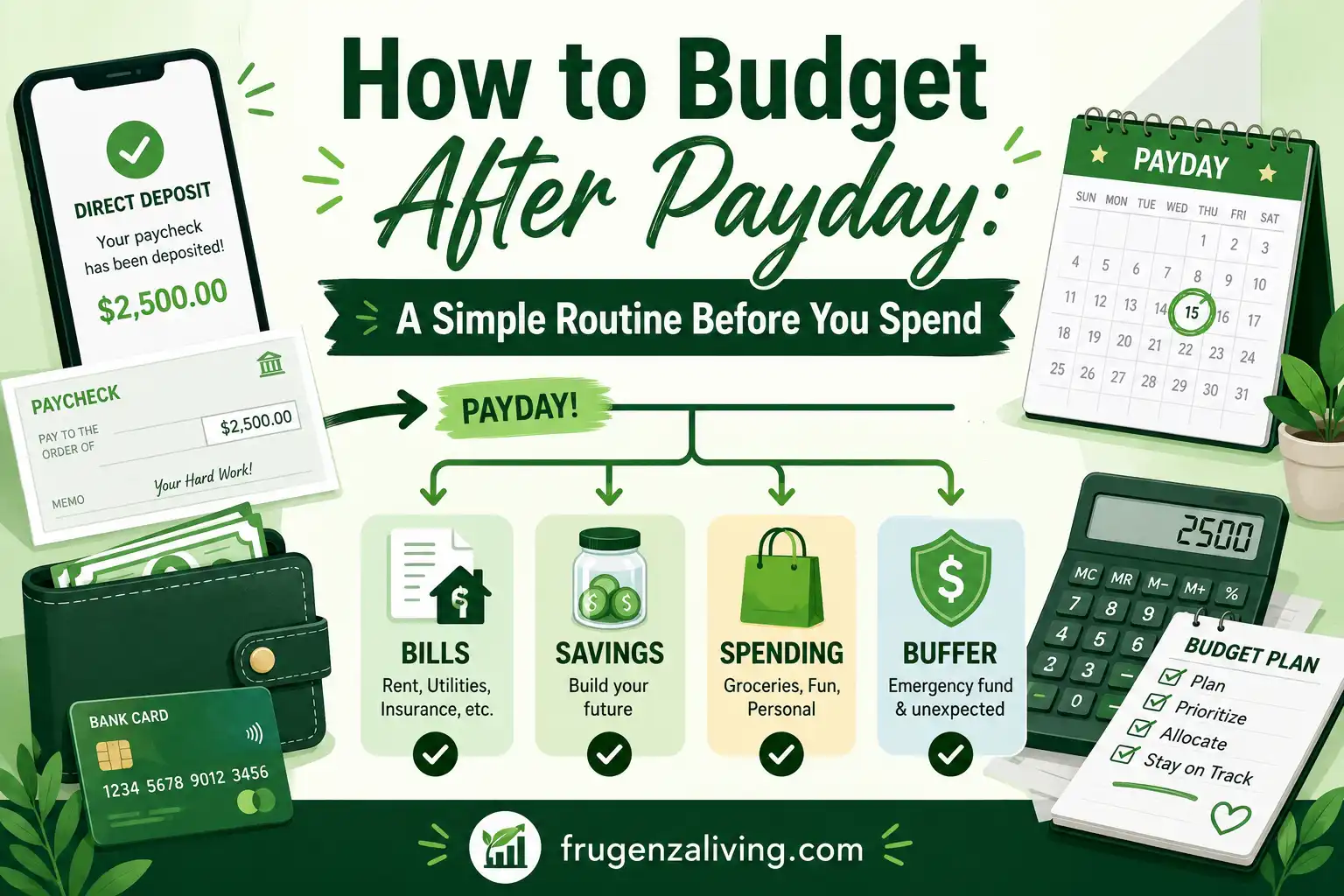 How to budget after payday illustration with paycheck, bills, savings, spending limit, and budget plan