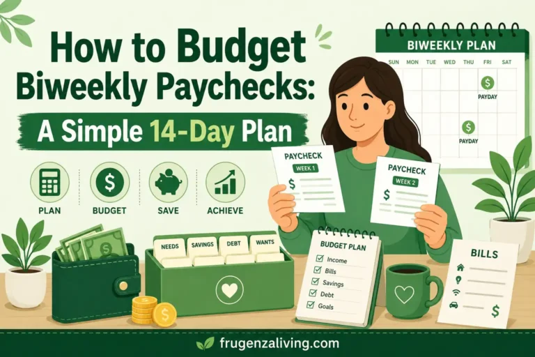 2D illustration of a biweekly paycheck budget plan with paychecks, bills, savings, and a 14-day budgeting calendar