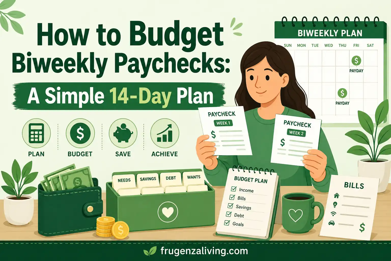 2D illustration of a biweekly paycheck budget plan with paychecks, bills, savings, and a 14-day budgeting calendar