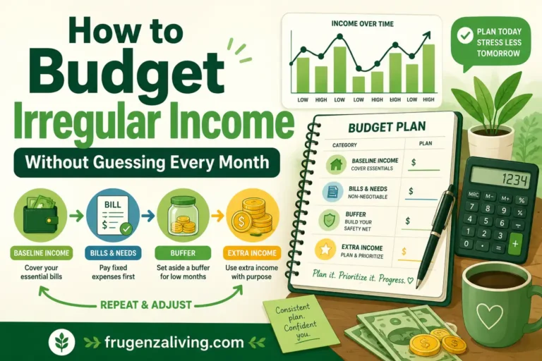 2D illustration showing how to budget irregular income with baseline income, bills, buffer, extra income, and frugenzaliving.com
