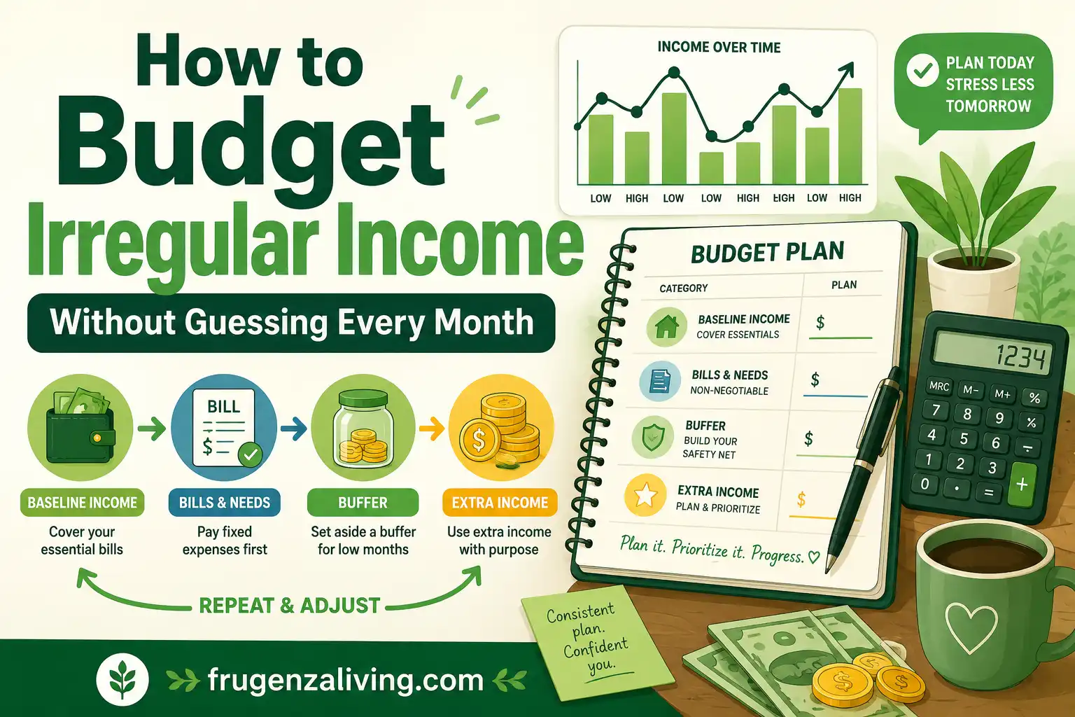 2D illustration showing how to budget irregular income with baseline income, bills, buffer, extra income, and frugenzaliving.com