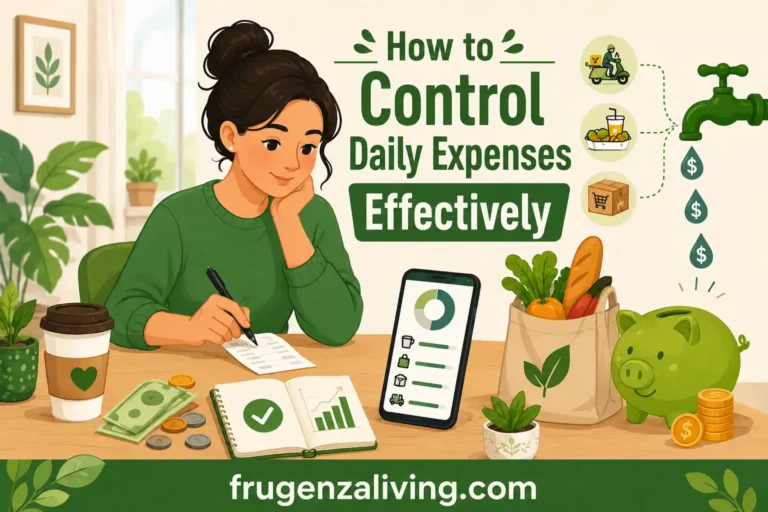 2D illustration of a person tracking daily expenses with groceries, coffee, delivery fees, and money leaks in a green budgeting theme