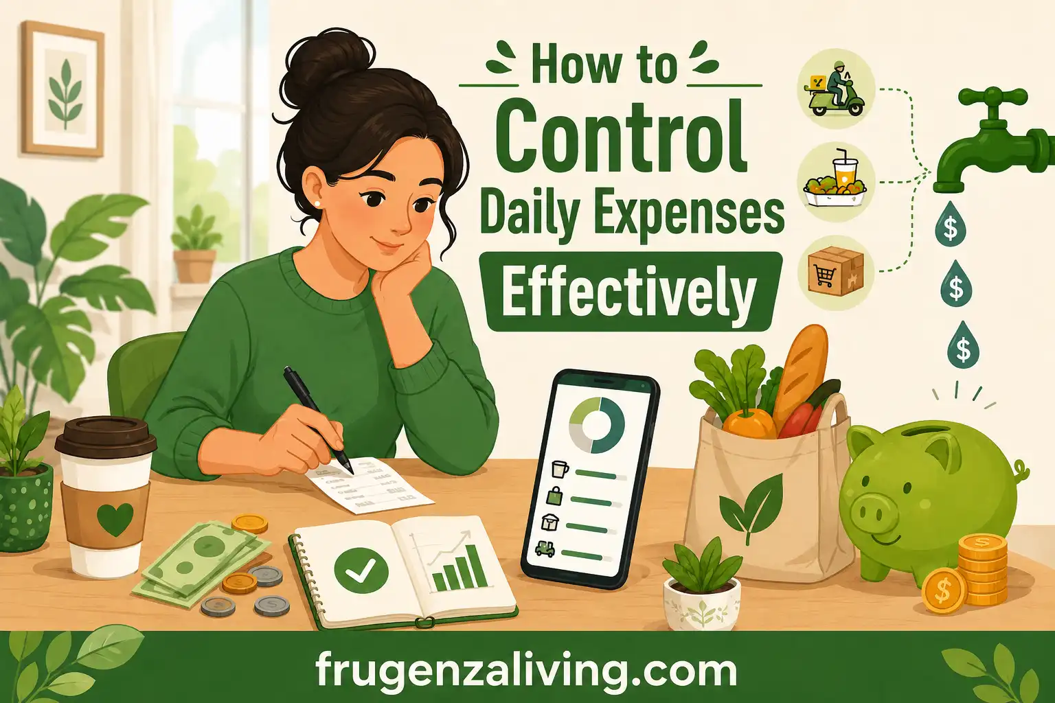 2D illustration of a person tracking daily expenses with groceries, coffee, delivery fees, and money leaks in a green budgeting theme