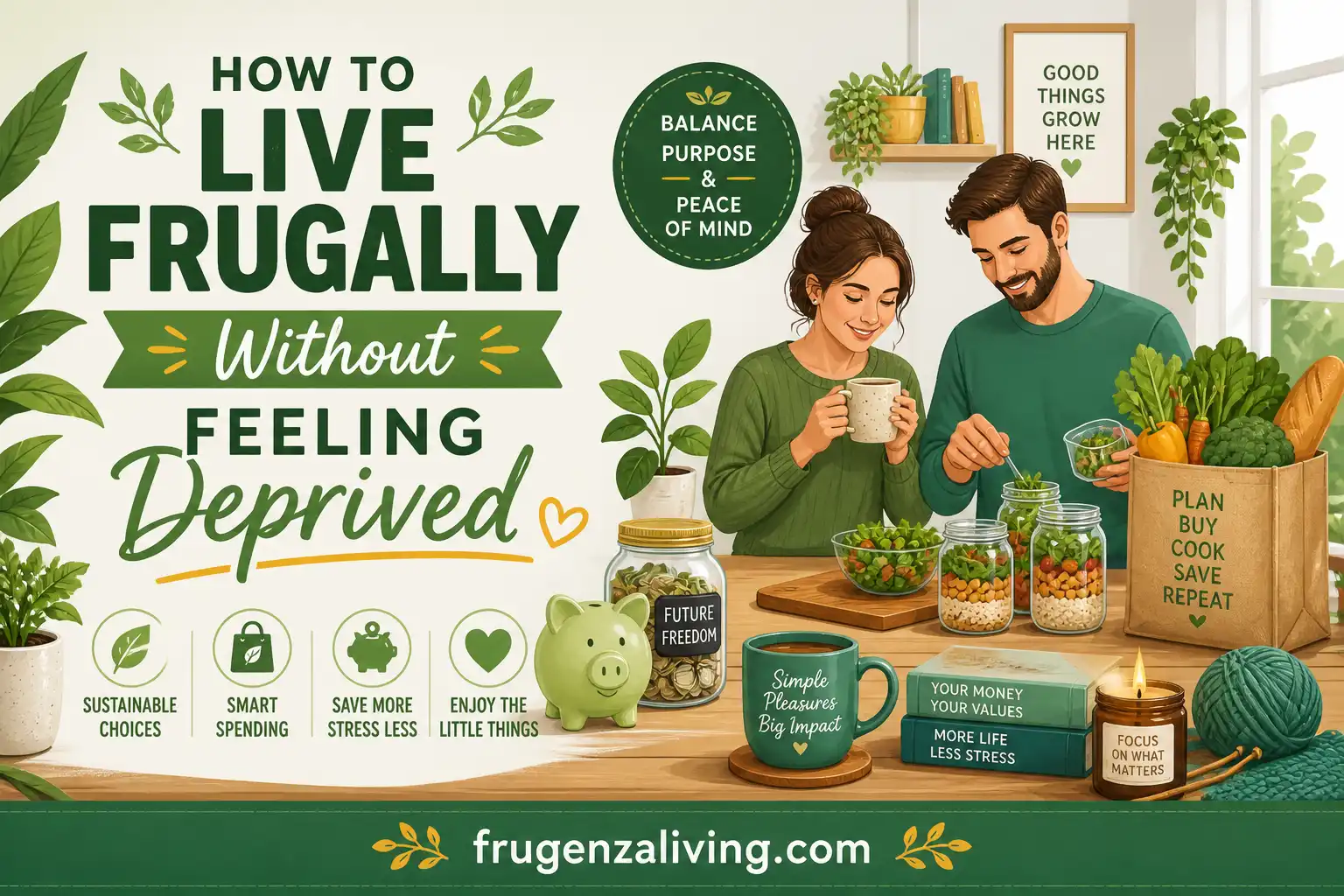 how to live frugally without feeling deprived with simple comforts intentional spending and green lifestyle illustration