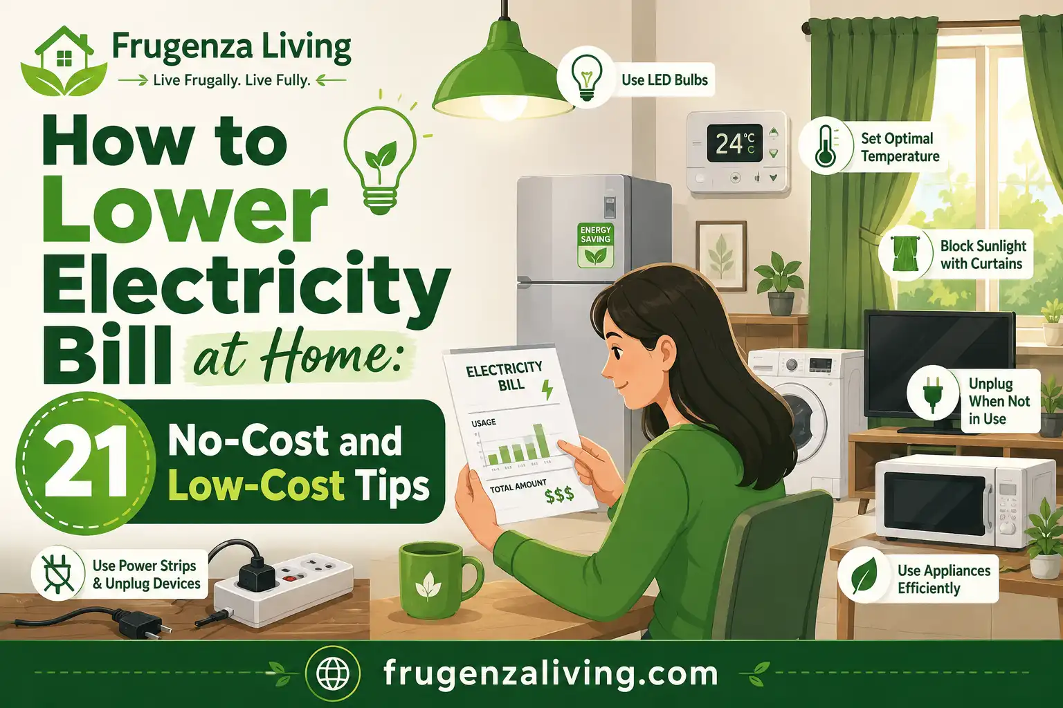 2D illustration showing ways to lower electricity bill at home with LED bulbs, thermostat habits, power strips, efficient appliances, and kWh bill tracking