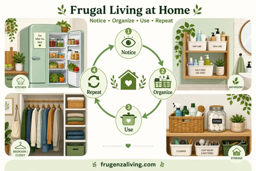 frugal living at home process visual with kitchen bathroom closet and storage