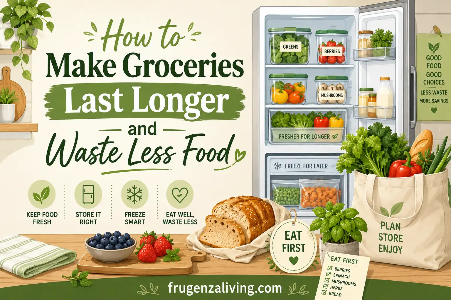 2D illustration showing how to make groceries last longer with organized fridge storage, fresh produce, freezer tips, and an eat-first system