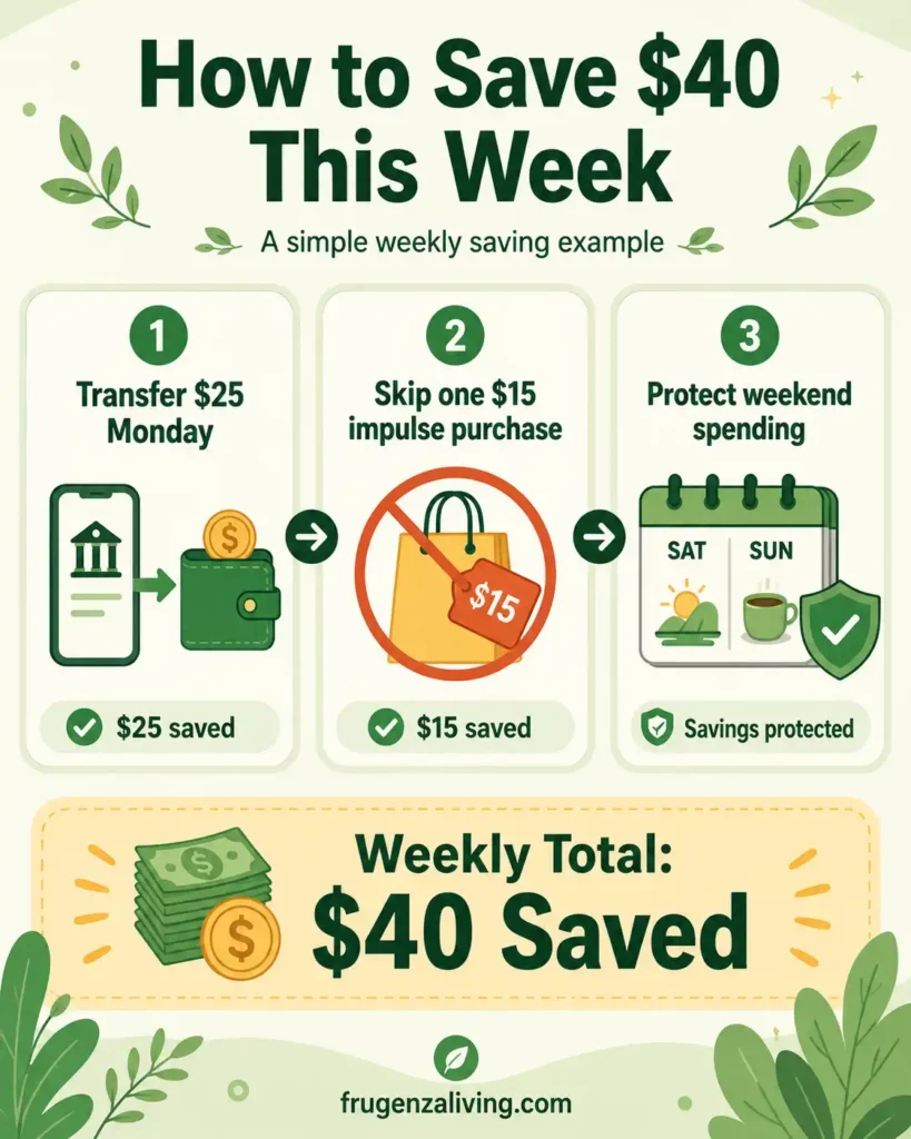 how to save 40 this week by transferring 25 dollars on Monday, skipping one 15 dollar impulse purchase, and protecting weekend spending