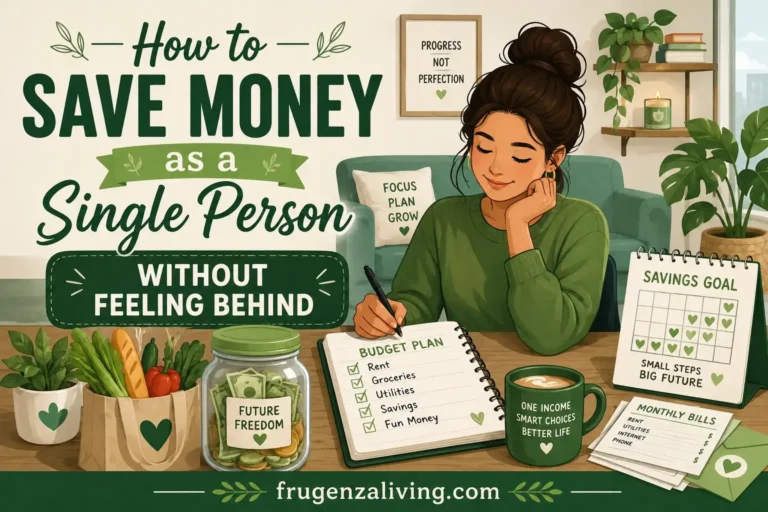 2D illustration of a single person making a budget plan with savings goals, groceries, bills, and one-income money habits