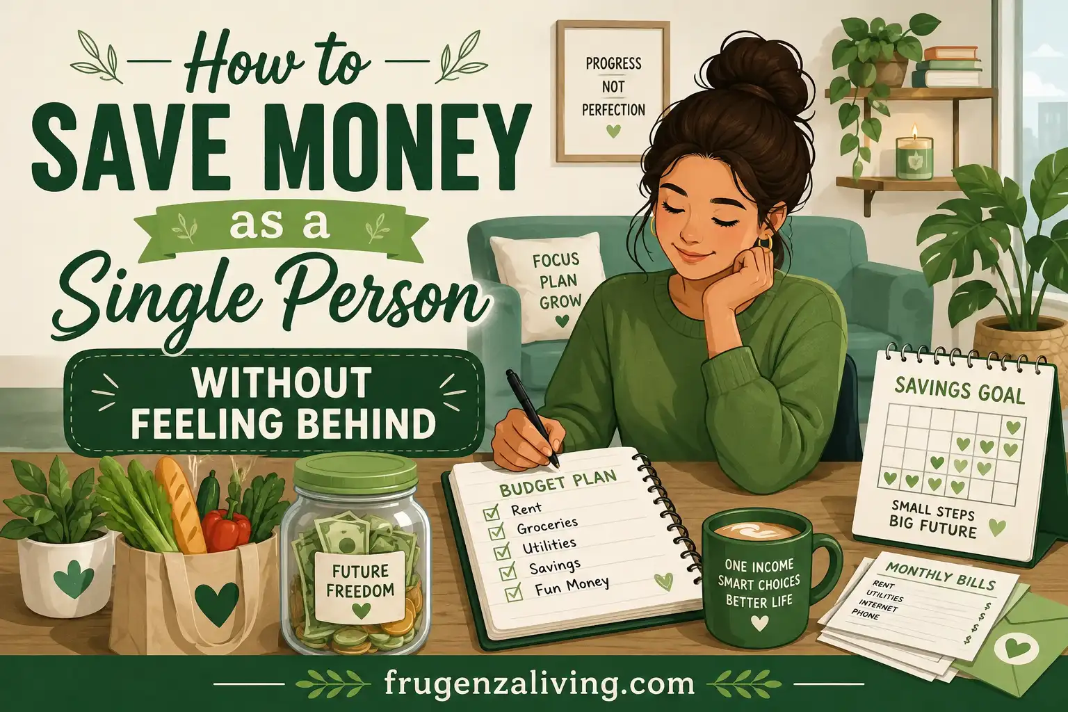 2D illustration of a single person making a budget plan with savings goals, groceries, bills, and one-income money habits