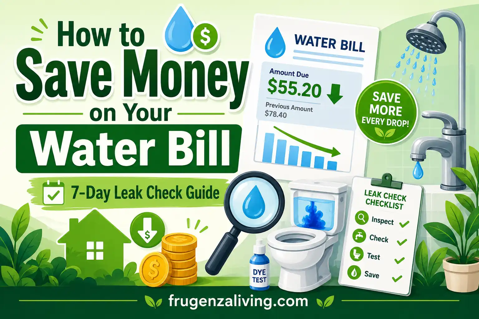 2D featured image about how to save money on your water bill with a 7-day leak check guide, water bill audit, toilet leak test, faucet check, and frugenzaliving.com branding