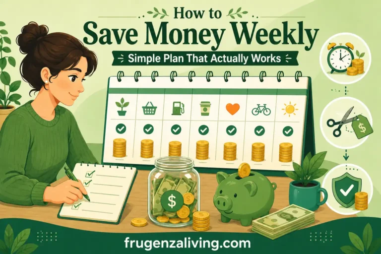 how to save money weekly with a simple saving plan, weekly calendar, piggy bank, and savings checklist