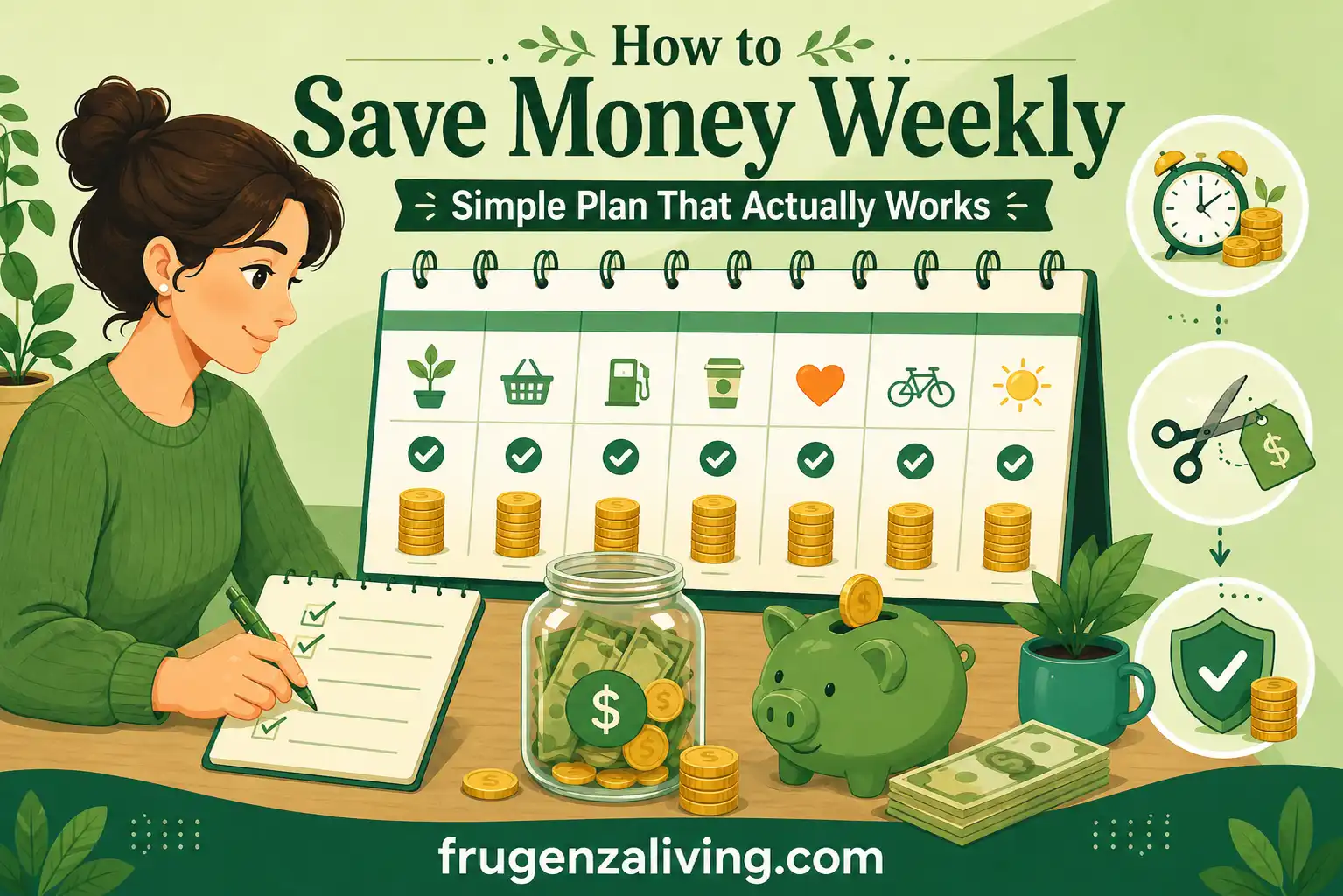 how to save money weekly with a simple saving plan, weekly calendar, piggy bank, and savings checklist
