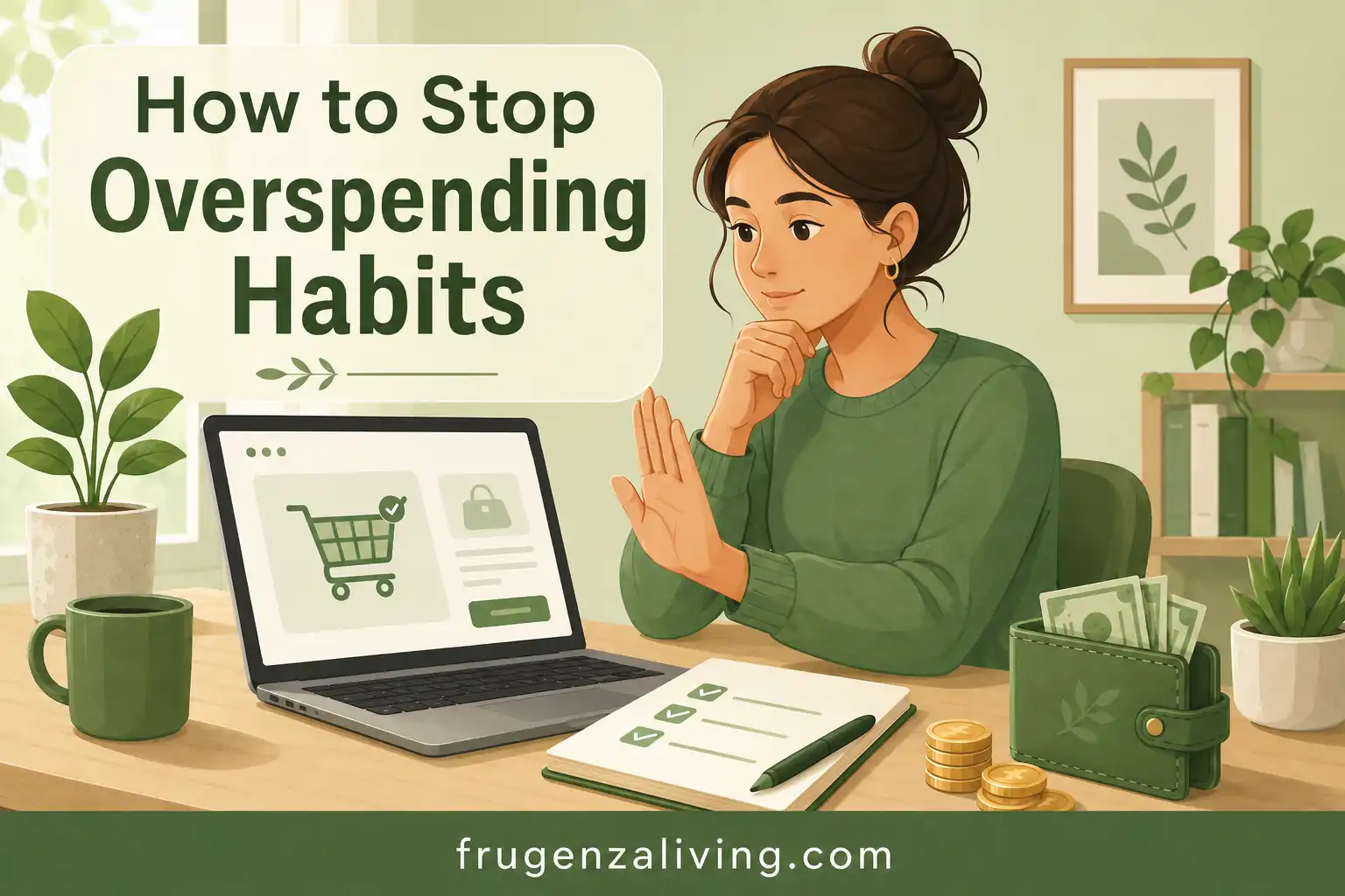 2D illustration of a person pausing before an online purchase to stop overspending habits and control impulse buying