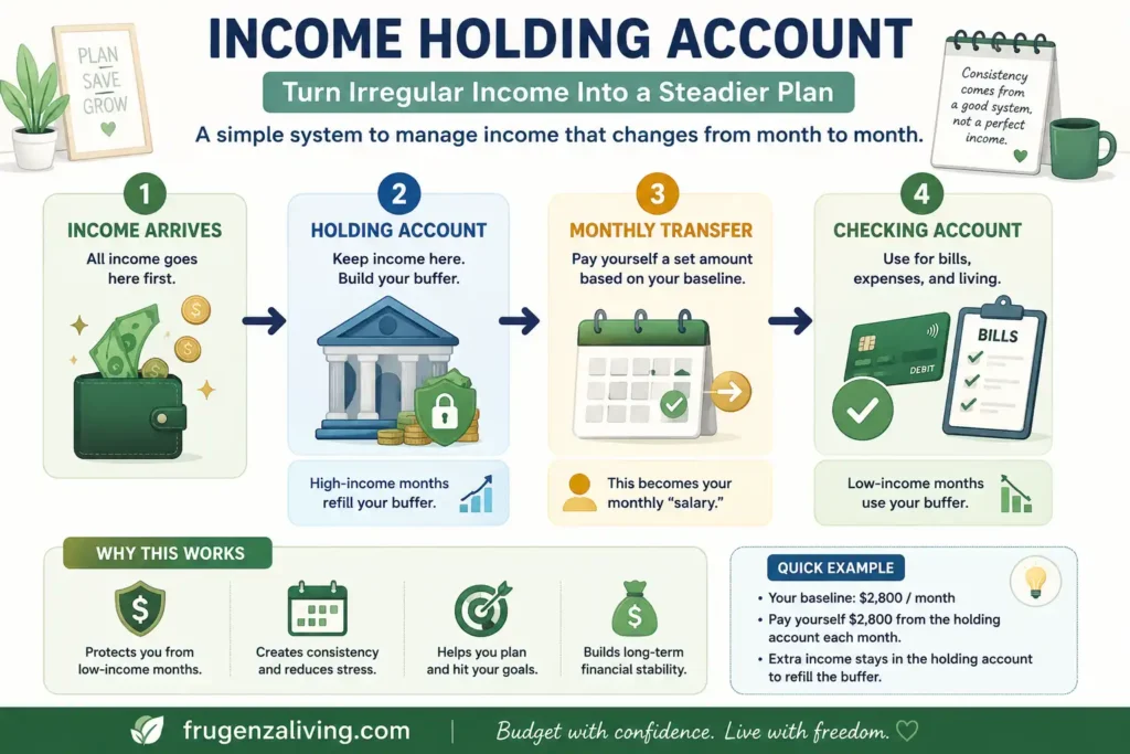 Income holding account infographic showing how to turn irregular income into a steadier monthly budget plan