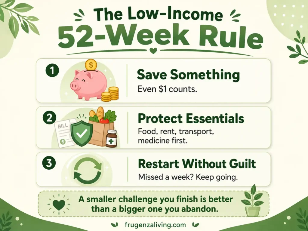 Infographic showing the low-income 52-week money challenge rule with save something, protect essentials, and restart without guilt