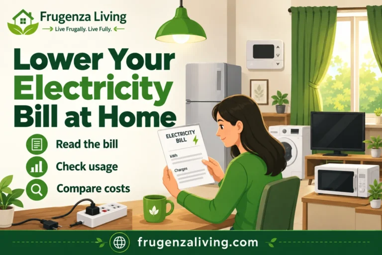Illustration of checking an electricity bill at home, with kWh and charge labels, lighting, and household appliances.