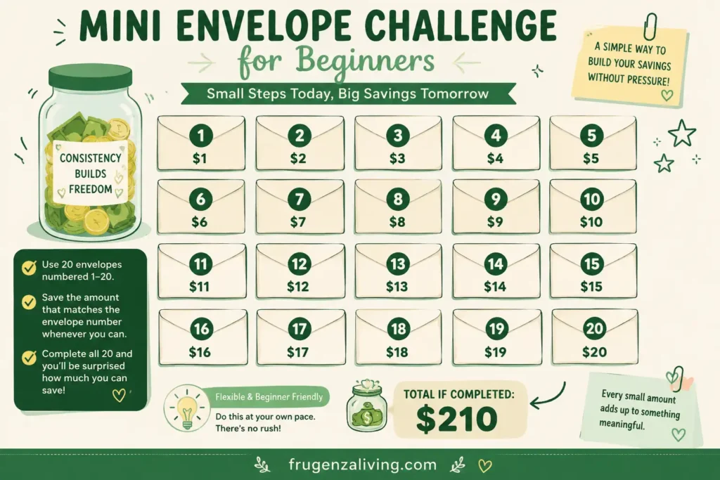 Infographic showing a mini envelope challenge for beginners with 20 envelopes numbered 1 to 20 and a total savings goal of 210 dollars