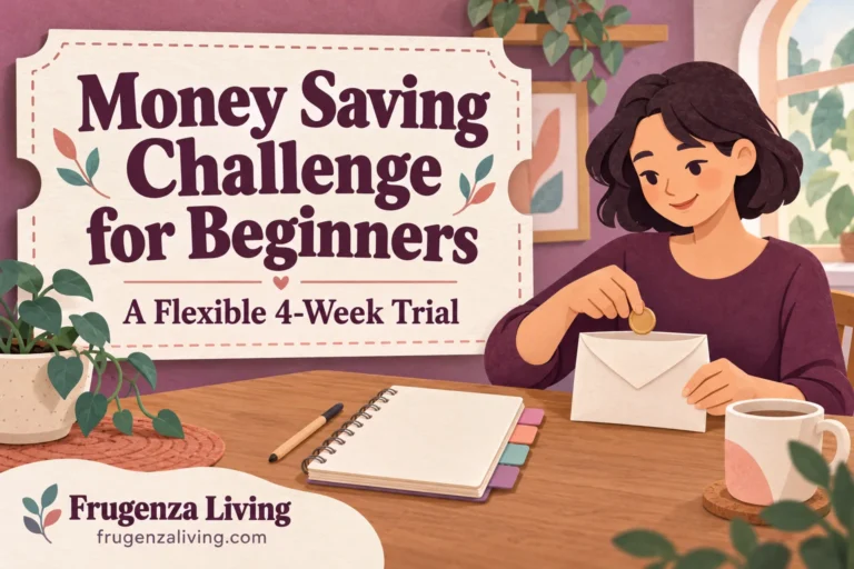 Illustration of a beginner putting a coin into a savings envelope beside a notebook for a flexible four-week savings challenge.