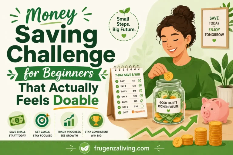 2D illustration of a money saving challenge for beginners with a savings jar, tracker, coins, and small beginner-friendly savings goals