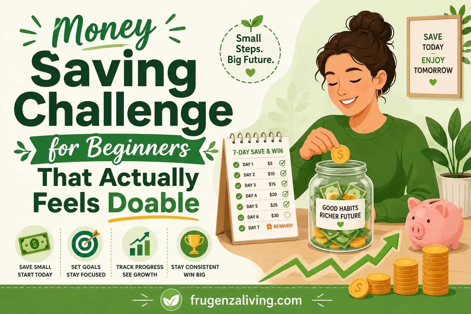 2D illustration of a money saving challenge for beginners with a savings jar, tracker, coins, and small beginner-friendly savings goals