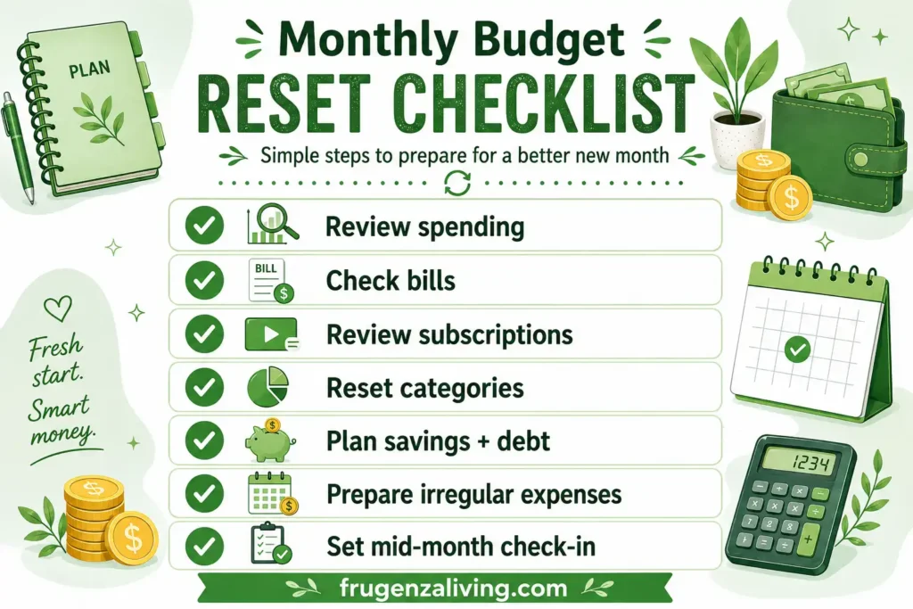Simple monthly budget reset checklist for reviewing spending, checking bills, resetting categories, and planning the new month