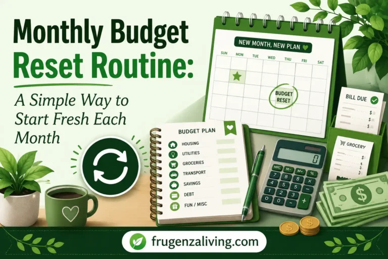 Monthly budget reset routine illustration showing a budget planner, calendar, bills, savings, and monthly money reset checklist