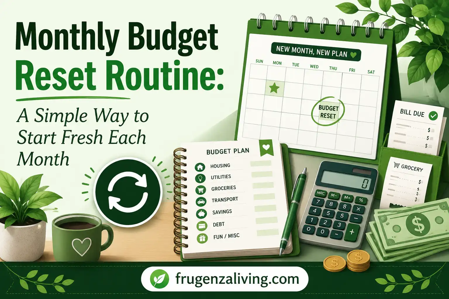 Monthly budget reset routine illustration showing a budget planner, calendar, bills, savings, and monthly money reset checklist