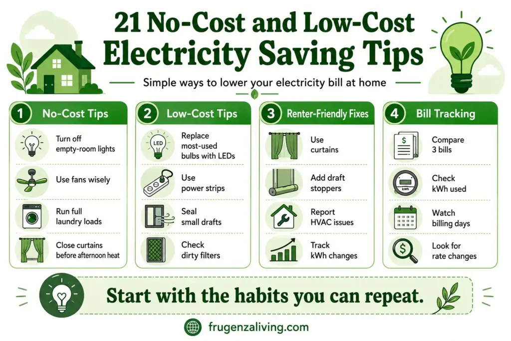 Infographic showing no-cost and low-cost electricity saving tips at home including turning off lights, using fans wisely, LED bulbs, power strips, draft stoppers, and kWh tracking