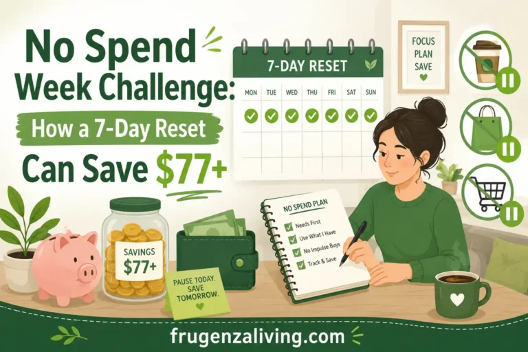 2D illustration of a no spend week challenge with a 7-day reset calendar, savings jar, no impulse shopping icons, and frugenzaliving.com branding