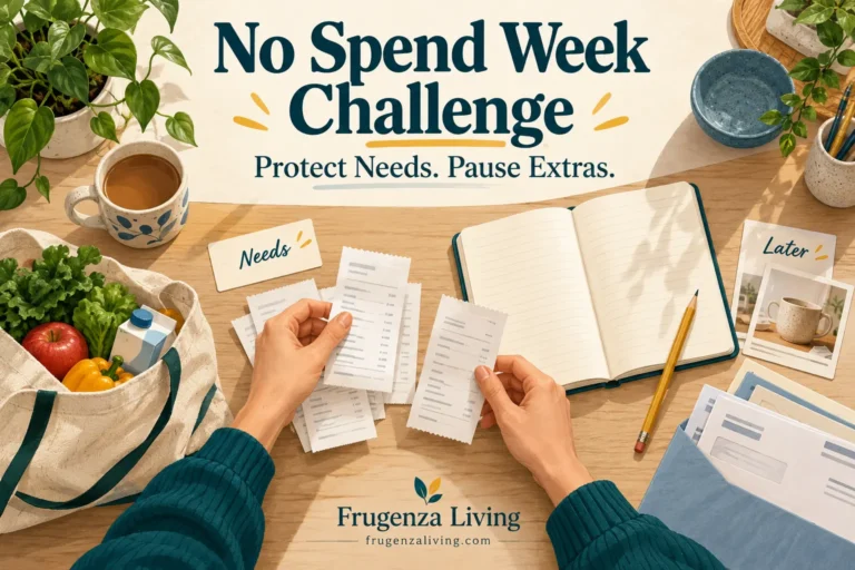 Overhead illustration of sorting receipts beside groceries and a notebook, with Needs and Later cards for a no-spend week.