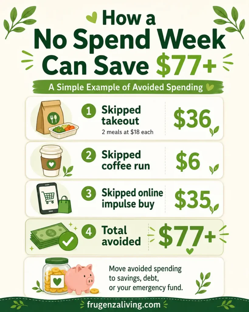Infographic showing how a no spend week can save about 77 dollars by skipping takeout, a coffee run, and an online impulse buy