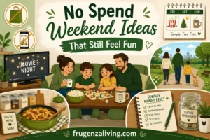 No spend weekend ideas illustration showing free family activities, pantry dinner, movie night at home, park walk, and Sunday money reset