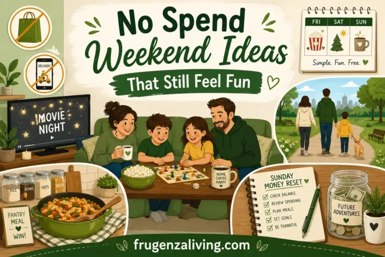 No spend weekend ideas illustration showing free family activities, pantry dinner, movie night at home, park walk, and Sunday money reset