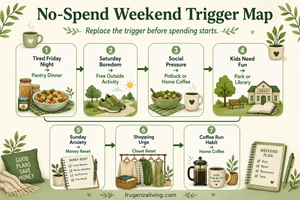 No-spend weekend trigger map showing free replacements for tired Friday night, Saturday boredom, social pressure, kids needing fun, Sunday anxiety, shopping urges, and coffee runs