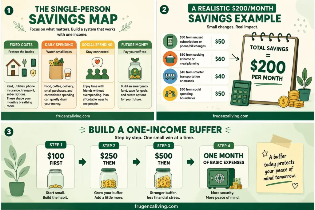 Infographic showing a one-income emergency buffer for singles with savings goals of 100 dollars, 250 dollars, 500 dollars, and one month of basic expenses