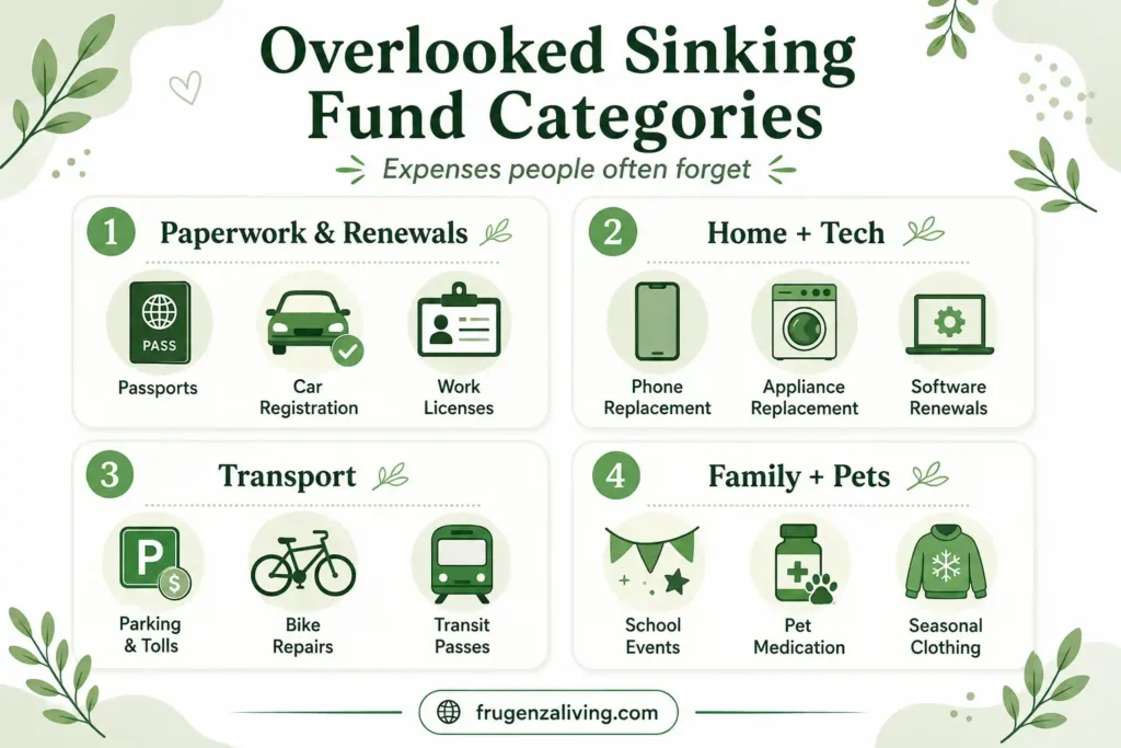 Infographic showing overlooked sinking fund categories including passports, car registration, phone replacement, software renewals, parking, tolls, pet medication, and seasonal clothing