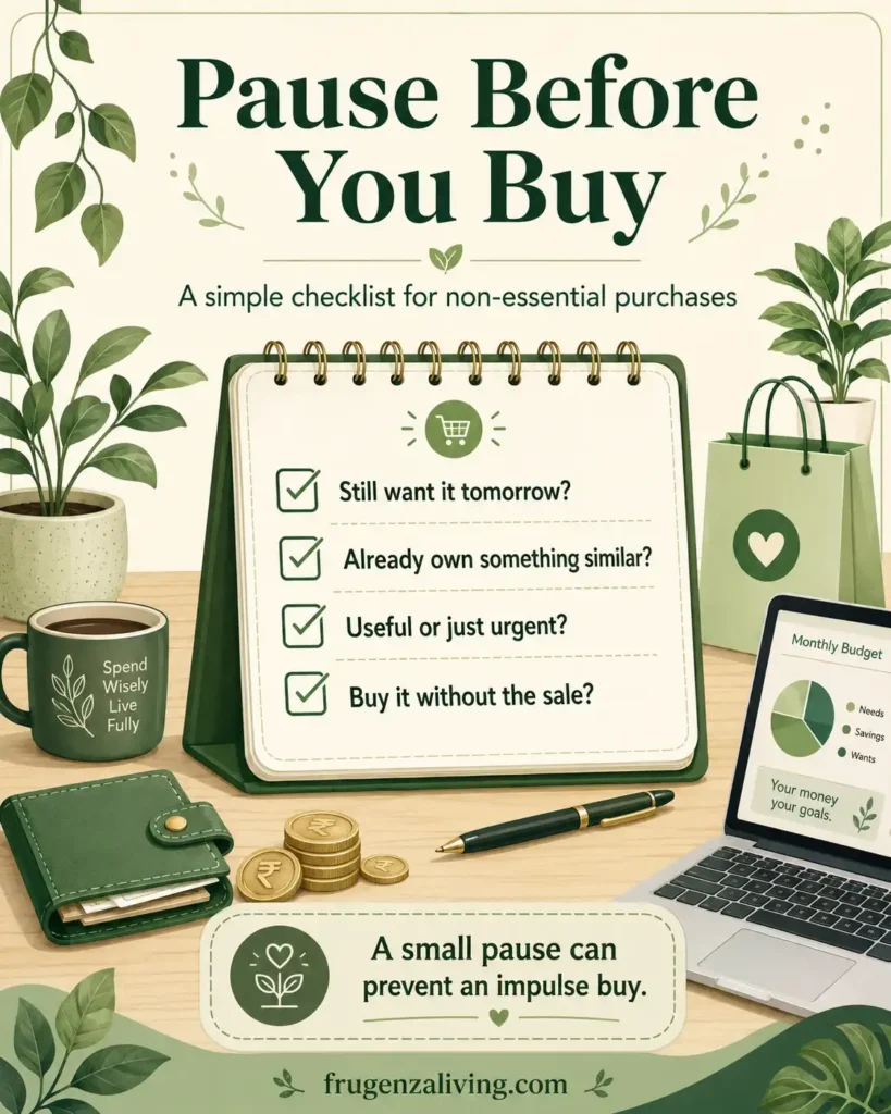 Checklist visual with simple questions to ask before buying something non-essential